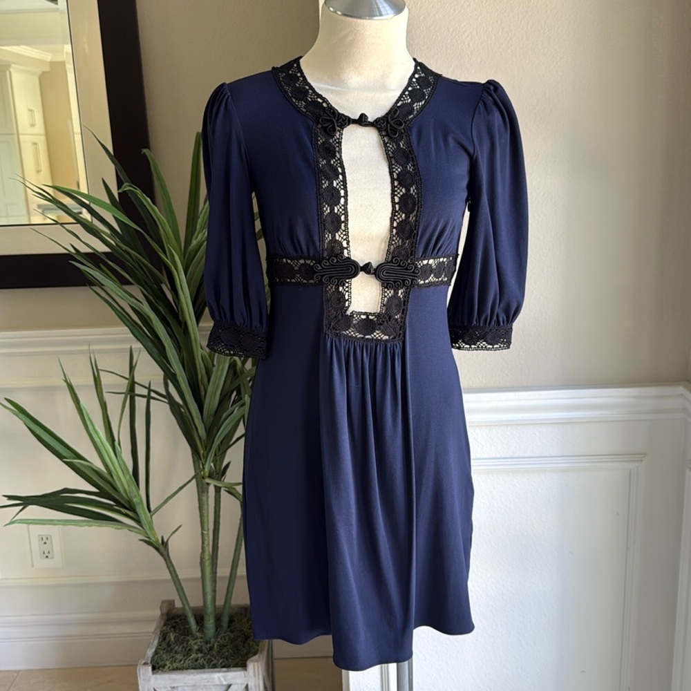 Ingwa Melero Lace Keyhole Mini Dress in Navy Blue
